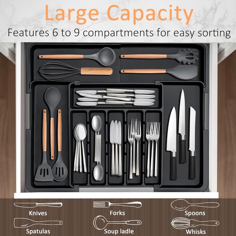 Spaclear Silverware Organizer Expandable Kitchen Utensil Drawer Organizer Large BPA Free Adjustable Cutlery Silverware Tray for Spoons Forks Knives Storage Divider for Kitchen Flatware 6-9 Slots Black - Image 3